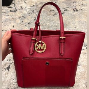 Micheal Kors Red Leather Tote Bag